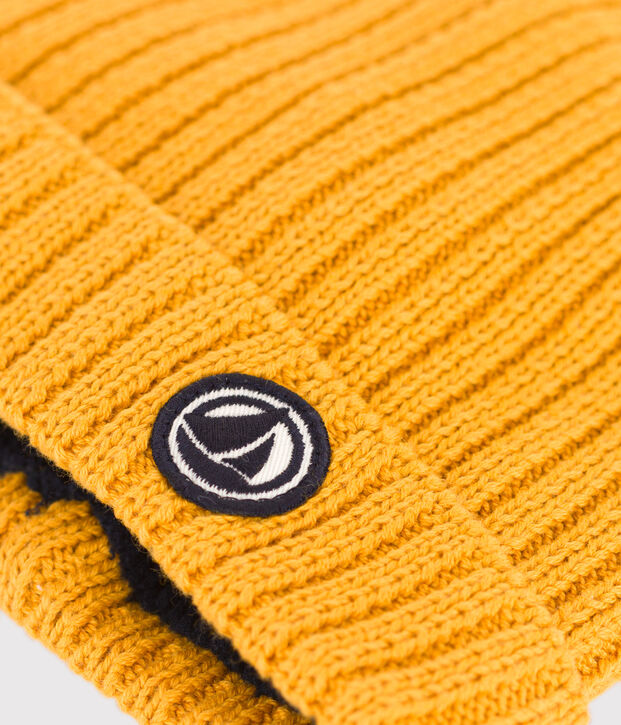 Gorro de punto tricotado con forro polar para beb&eacute; amarillo