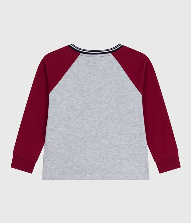 Camiseta infantil lisa de algod&oacute;n de manga larga gris/rojo