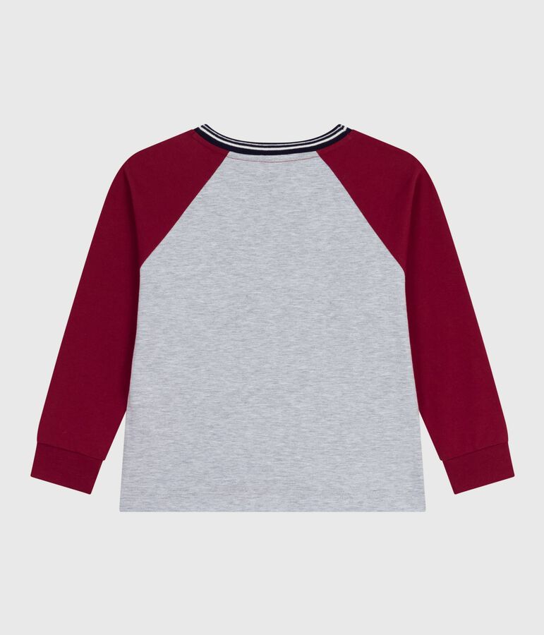 Camiseta infantil lisa de algod&oacute;n de manga larga gris/rojo