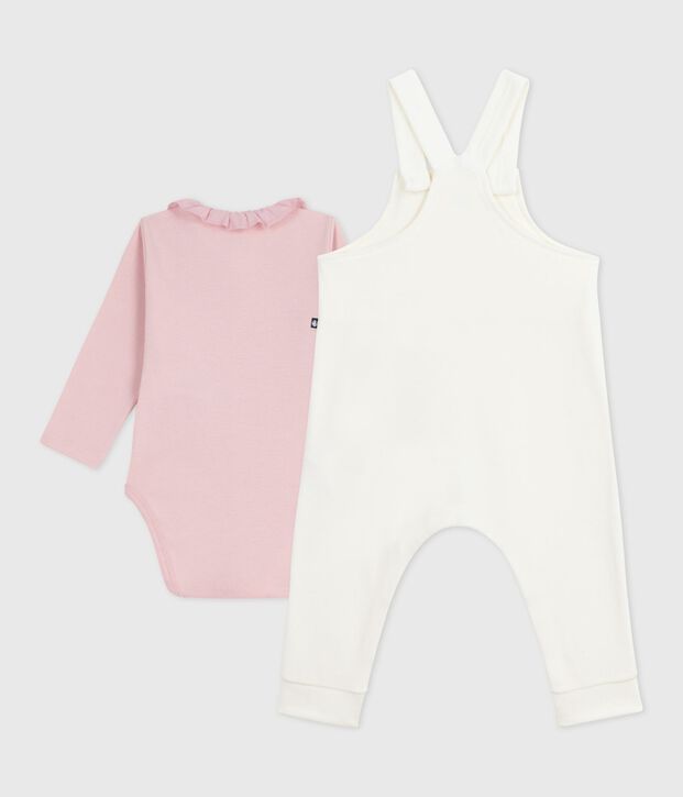Conjunto de peto de algod&oacute;n liso con detalles refinados para beb&eacute; crudo/rosa
