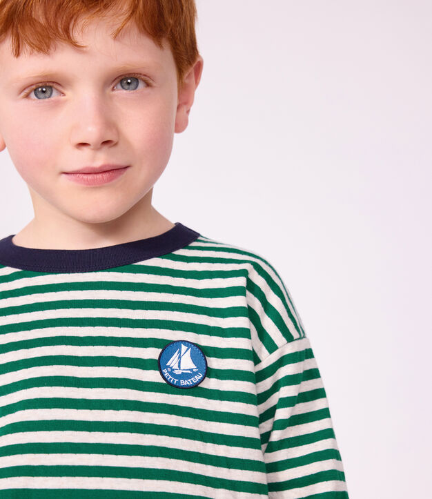 Camiseta infantil de manga larga a rayas verde/beige/verde