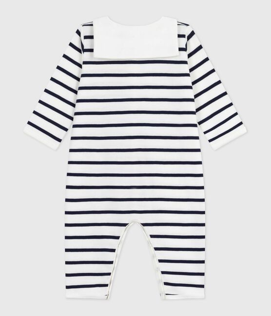 Pijama sin pies de algodón con cuello barco estampado de rayas para bebé blanco MARSHMALLOW/azul SMOKING