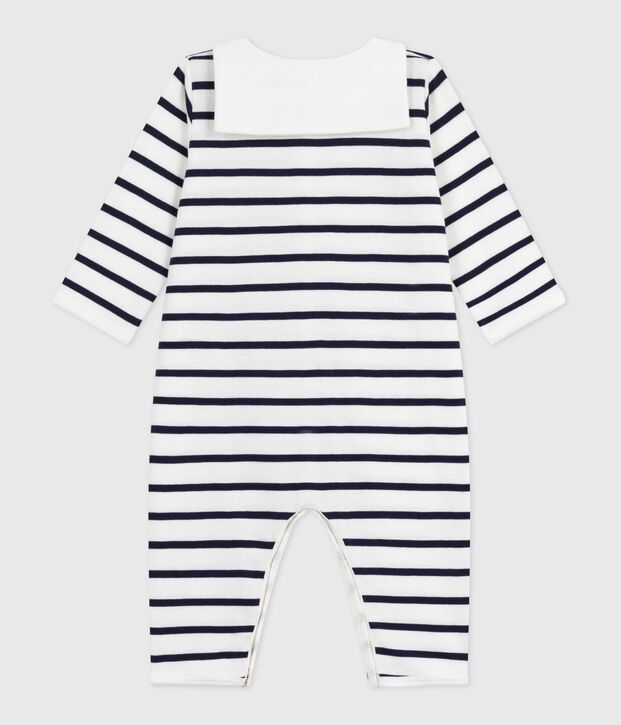 Pijama sin pies de algod&oacute;n con cuello barco estampado de rayas para beb&eacute; blanco/azul