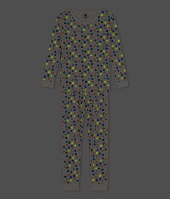 Pijama snugfit de algodón con flores retro fosforescentes para niña blanco MARSHMALLOW/blanco MULTICO
