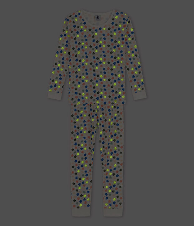 Pijama snugfit de algod&oacute;n con flores retro fosforescentes para ni&ntilde;a blanco/multicolor