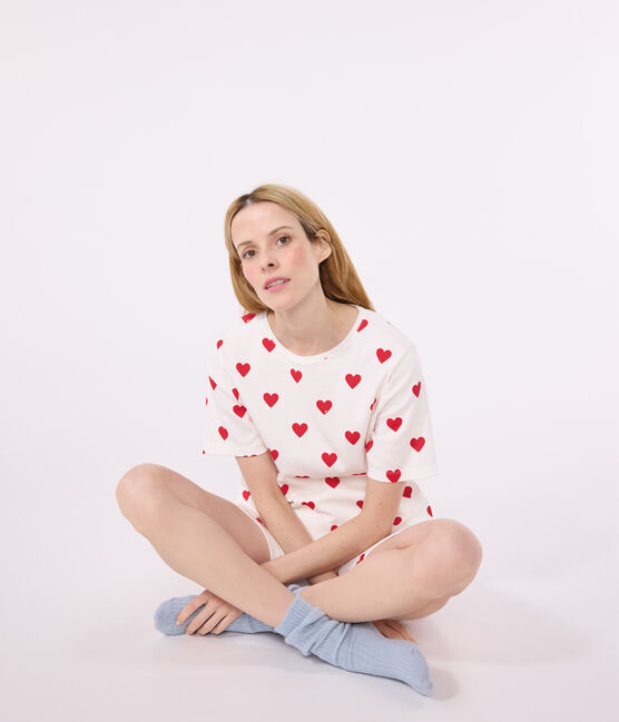 Pijama corto de algodón con corazón para mujer blanco MARSHMALLOW/rojo TERKUIT