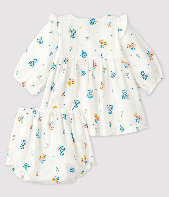 Vestido de flores de manga larga con braguita para bebé niña de tejido de pañal blanco MARSHMALLOW/blanco MULTICO