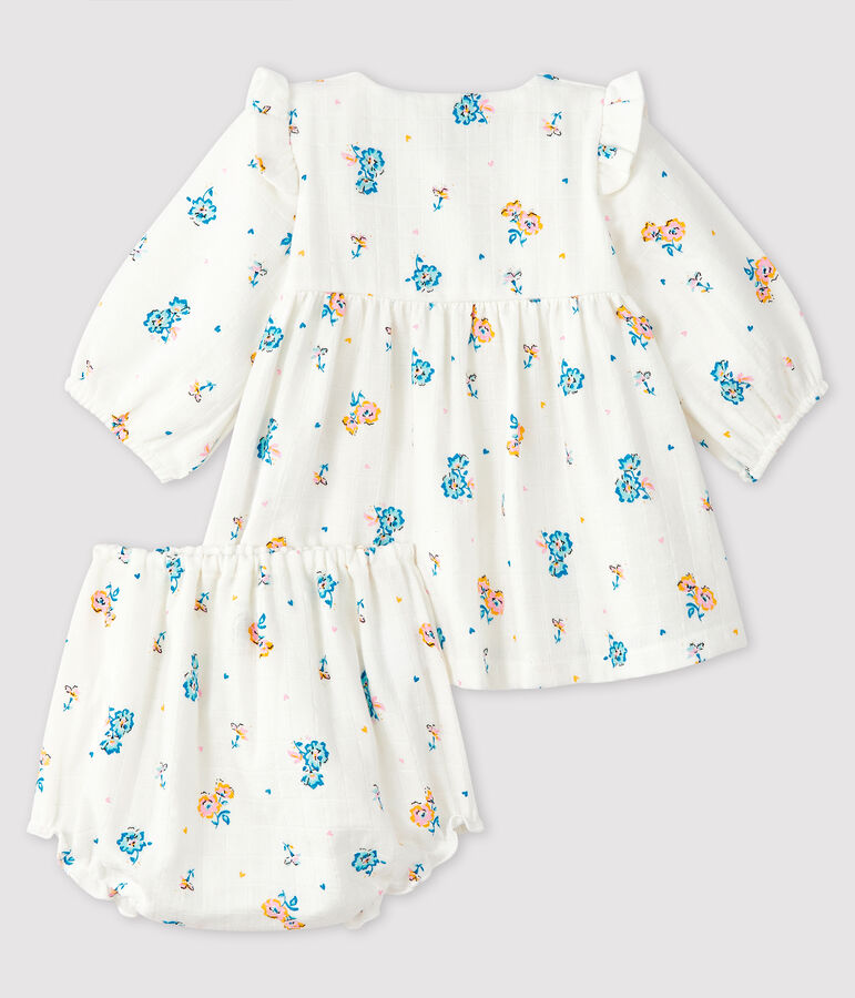 Vestido de flores de manga larga con braguita para beb&eacute; ni&ntilde;a de tejido de pa&ntilde;al blanco/multicolor