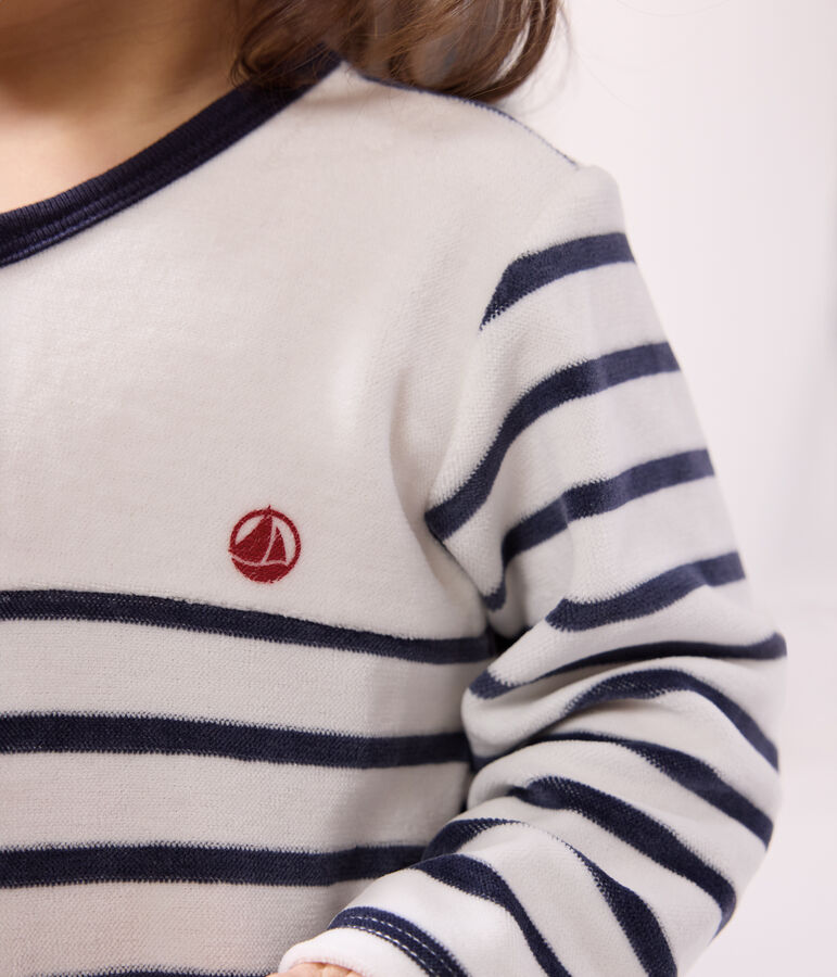 Pijama de terciopelo a rayas para beb&eacute; blanco/azul