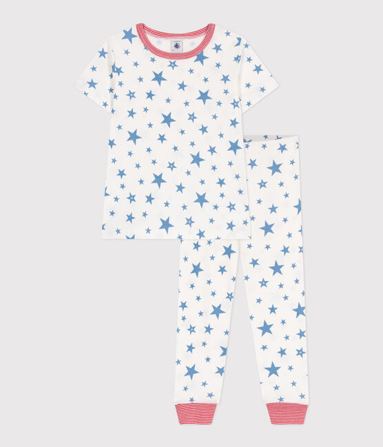 Pijama infantil de algodón con estampado de estrellas blanco MARSHMALLOW/azul ALASKA