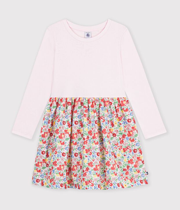 Vestido infantil de manga larga de algod&oacute;n con flores blanco/multicolor