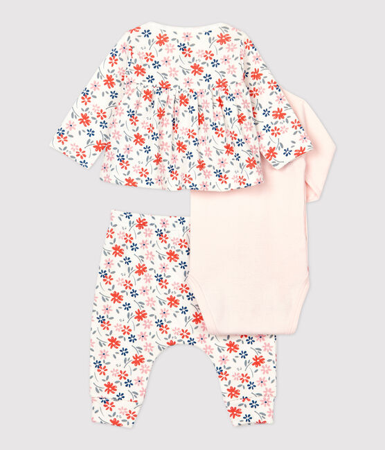 Conjunto de 3 prendas con estampado de flores de bebé niña de algodón orgánico blanco MARSHMALLOW/blanco MULTICO