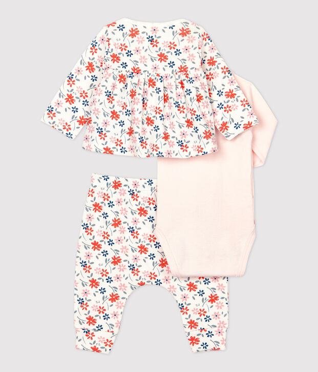 Conjunto de 3 prendas con estampado de flores de beb&eacute; ni&ntilde;a de algod&oacute;n org&aacute;nico blanco/multicolor