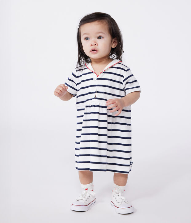 Vestido marinero de algod&oacute;n con manga corta y cuello de uniforme para beb&eacute; blanco/azul