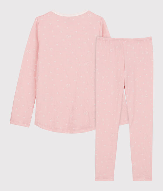 Pijama de Jacquard con copos de lana y algodón de niña rosa CHARME/blanco MARSHMALLOW