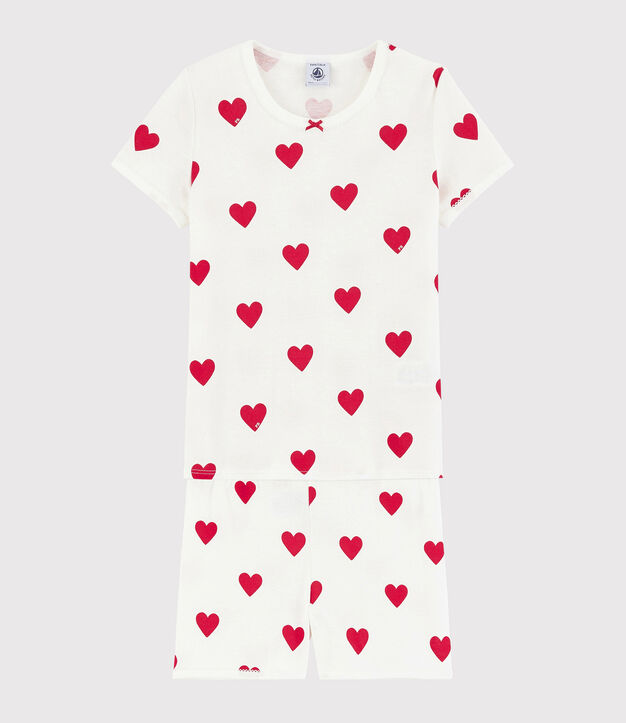Pijama shorts de algod&oacute;n con estampado de corazones para ni&ntilde;o/a blanco/rojo