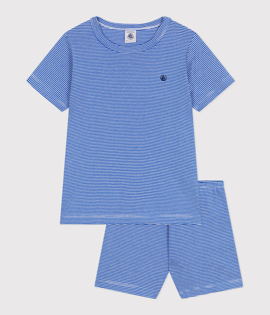 Pijama infantil corto de algodón a rayas azul PERSE/blanco MARSHMALLOW