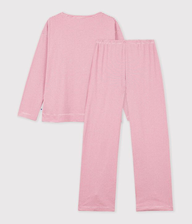 Pijama de algod&oacute;n a rayas de pernera recta para mujer rosa/blanco