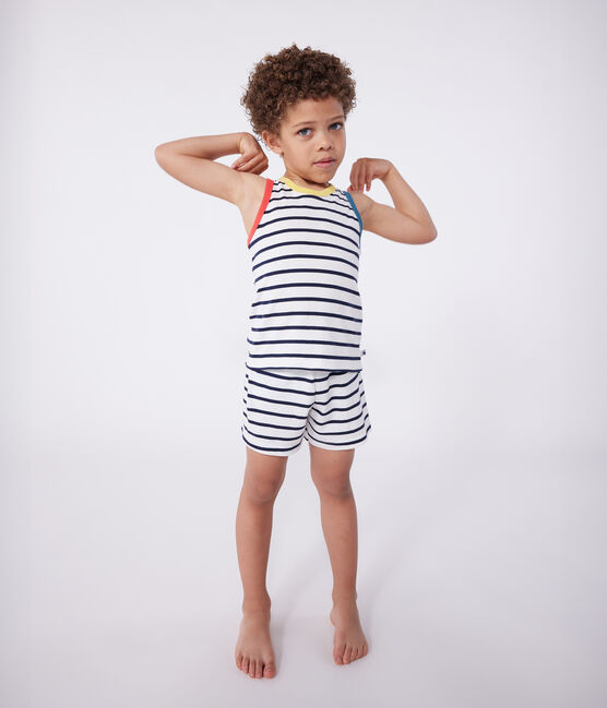 Pijama infantil corto sin mangas de algodón a rayas blanco MARSHMALLOW/azul SMOKING