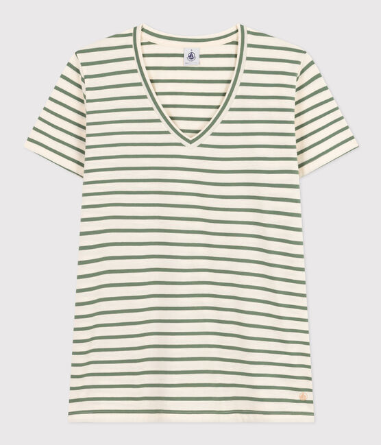 Camiseta, La Recta de algodón a rayas con cuello de pico para mujer AVALANCHE/ CROCO
