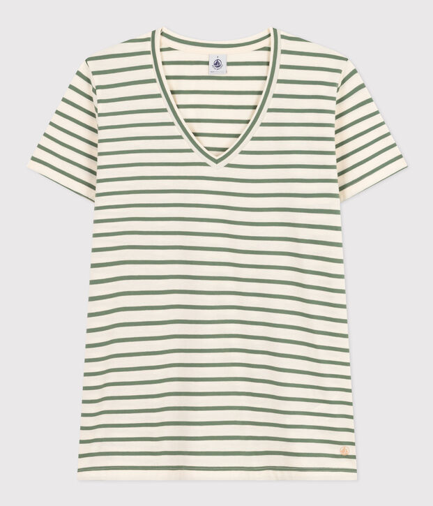 Camiseta, La Recta de algod&oacute;n a rayas con cuello de pico para mujer crudo/verde
