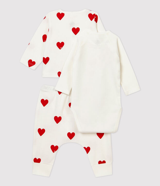 Conjunto de 3 prendas con corazones rojos de beb&eacute; de algod&oacute;n org&aacute;nico blanco/rojo