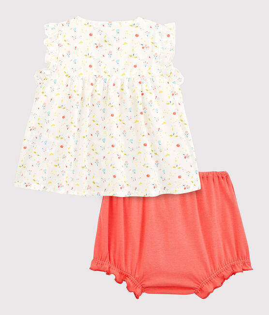 Conjunto de 2 prendas de flores de bebé niña en urdimbre y trama de algodón ecológico blanco MARSHMALLOW/blanco MULTICO