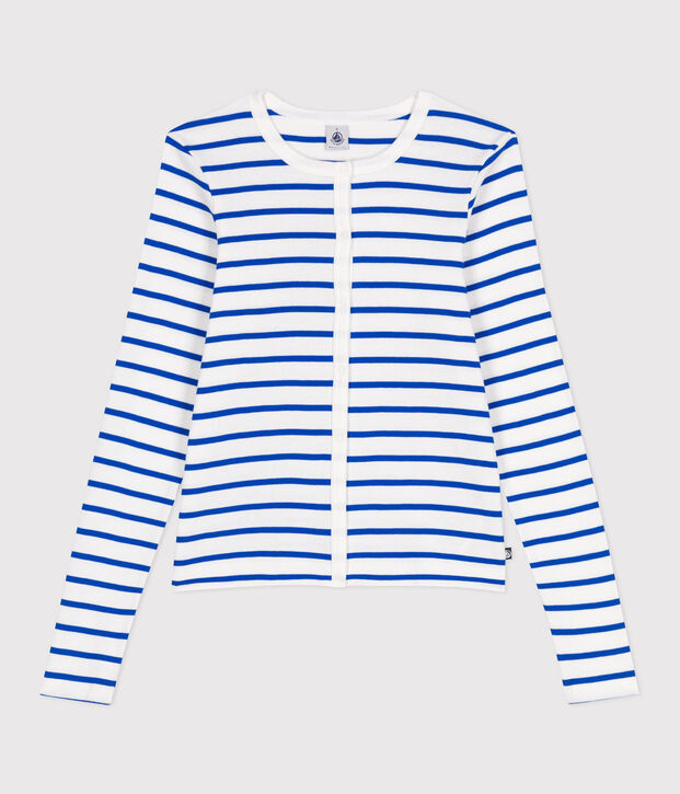C&aacute;rdigan de algod&oacute;n liso para mujer blanco/azul