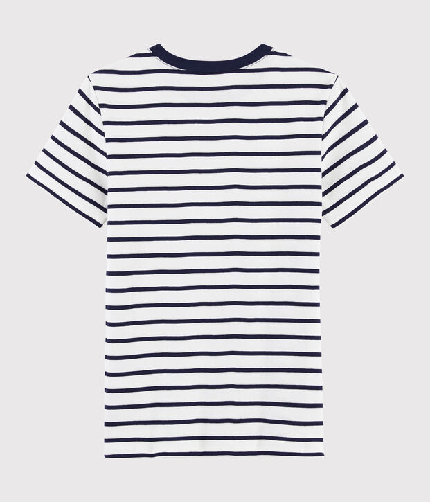 Camiseta de cuello redondo emblem&aacute;tica de algod&oacute;n a rayas de mujer blanco/azul