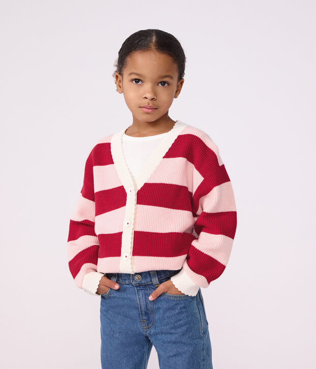 C&aacute;rdigan infantil de lana y algod&oacute;n a rayas rosa/rosa