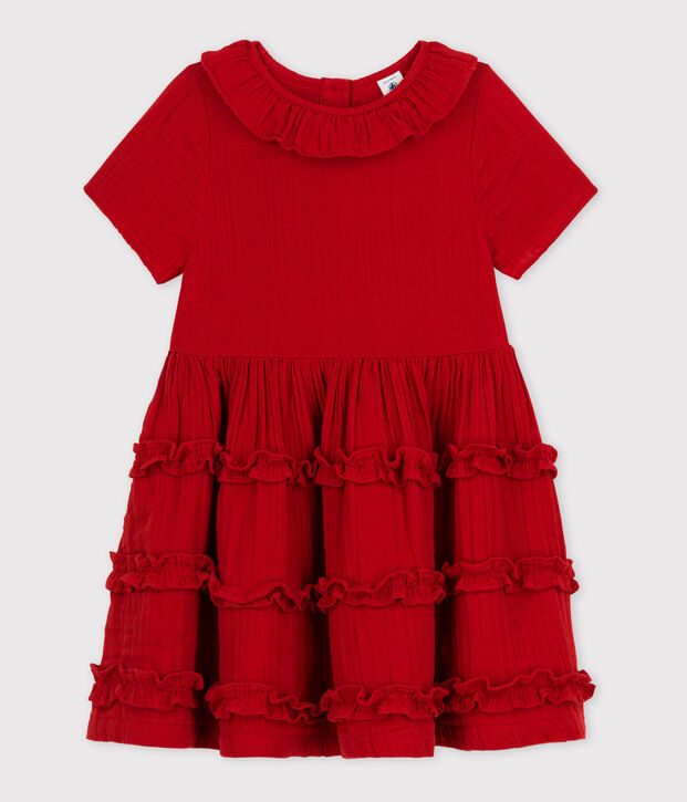 Vestido de manga corta de gasa de algod&oacute;n de ni&ntilde;a rojo