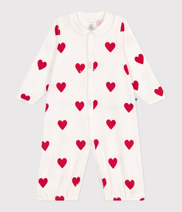 Mono saco de algod&oacute;n con cuello y corazones rojos para beb&eacute; blanco/rojo