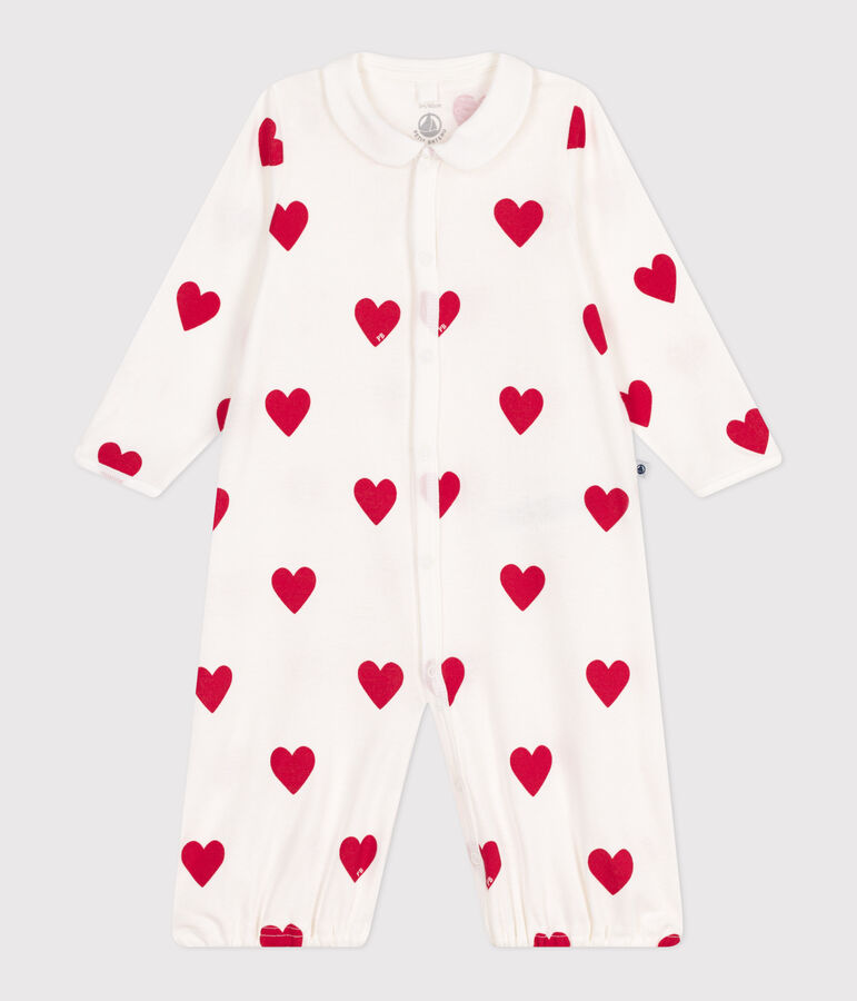 Mono saco de algod&oacute;n con cuello y corazones rojos para beb&eacute; blanco/rojo