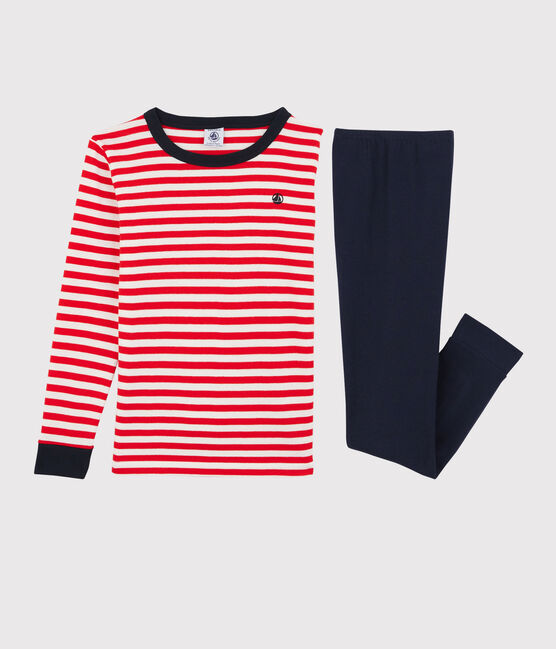 Pijama snugfit de algodón orgánico de rayas rojas para niño rojo PEPS/blanco MULTICO