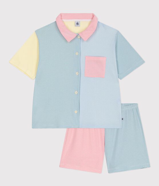 Pantalón corto de pijama de algodón a rayas con botones delanteros para mujer blanco MARSHMALLOW/blanco MULTICO
