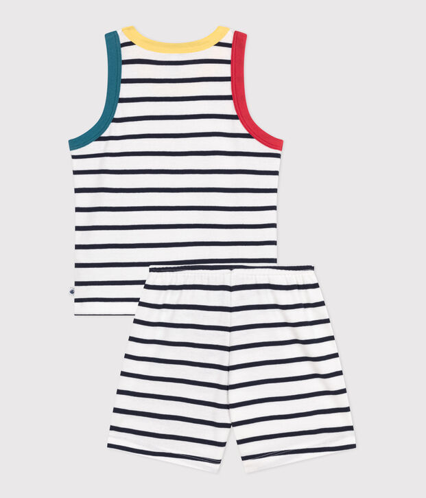Pijama infantil corto sin mangas de algod&oacute;n a rayas blanco/azul