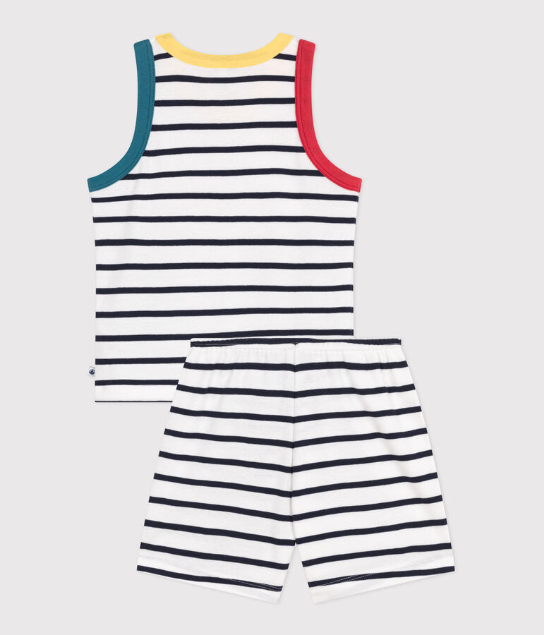 Pijama infantil corto sin mangas de algod&oacute;n a rayas blanco MARSHMALLOW/azul SMOKING