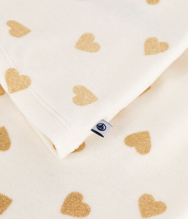 Pijama de Terciopelo para ni&ntilde;o/a con estampado de corazones dorados y brillantes. crudo/amarillo
