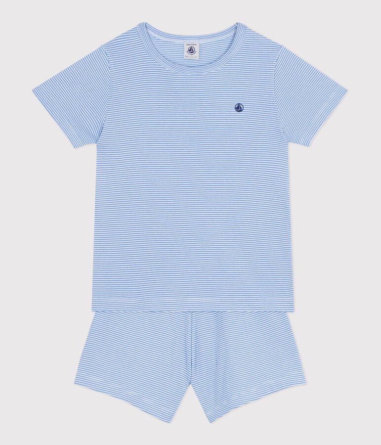 Pijama infantil corto de algod&oacute;n a rayas azul/blanco