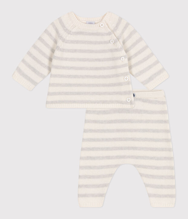 Conjunto de dos piezas de punto tricotado de lana y algod&oacute;n para beb&eacute; blanco/beige