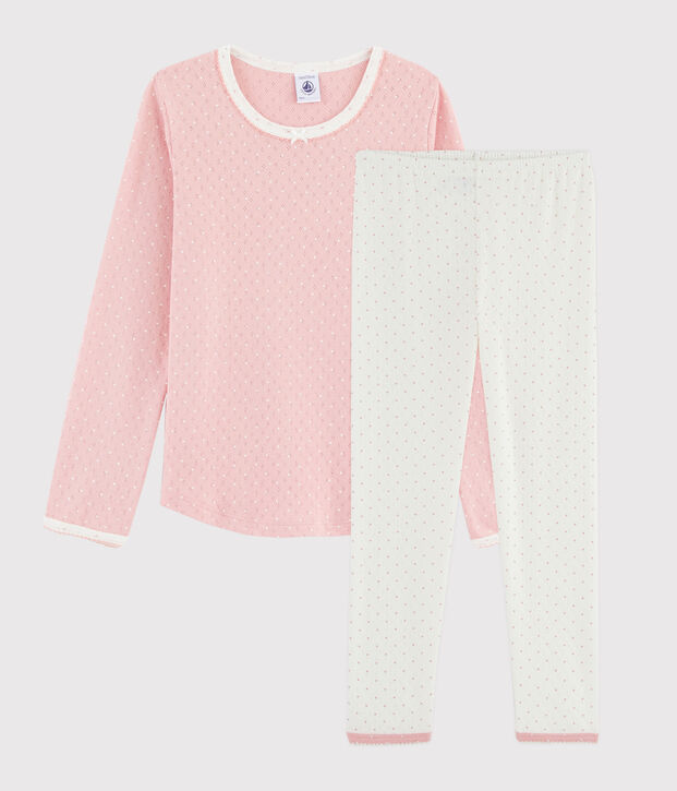 Pijama rosa con lunares de ni&ntilde;a de punto calado blanco/rosa