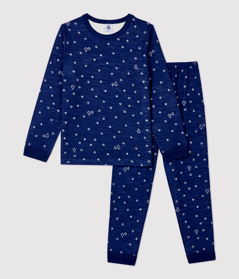 Pijama de Jacquard con copos de ni&ntilde;a/ni&ntilde;o de lana y algod&oacute;n azul/blanco