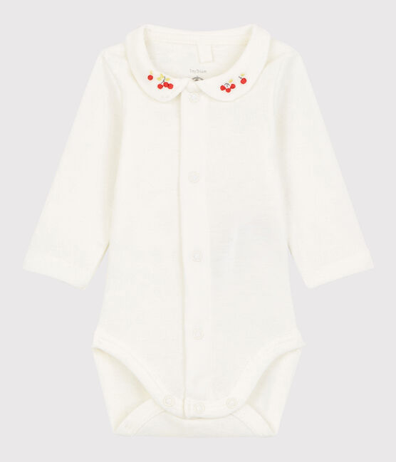 Body con cuello bordado de bebé de algodón biológico blanco MARSHMALLOW