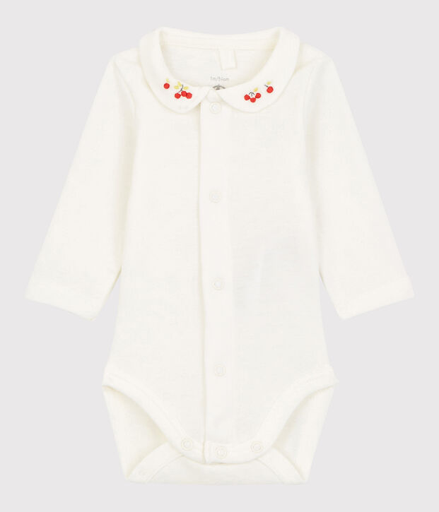 Body con cuello bordado de beb&eacute; de algod&oacute;n biol&oacute;gico blanco