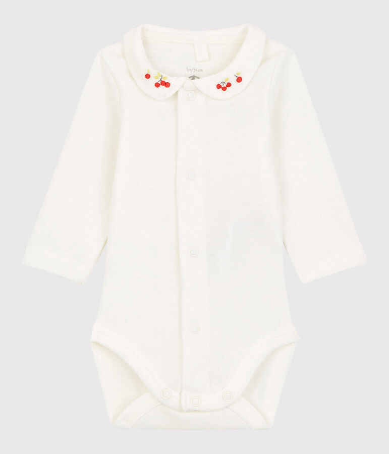 Body con cuello bordado de beb&eacute; de algod&oacute;n biol&oacute;gico blanco