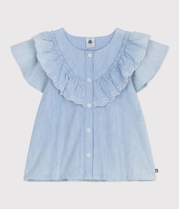 Blusa infantil lisa de manga corta de algod&oacute;n azul