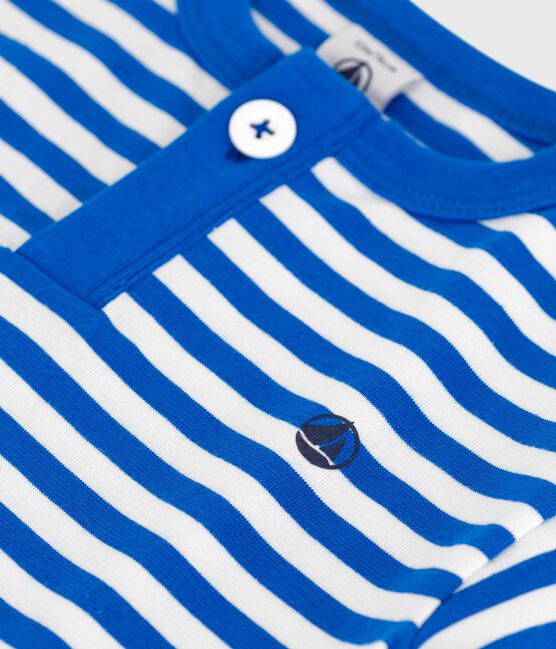 Camiseta de manga corta de algodón a rayas para bebé azul PORCELANA/ MARSHMALLOW