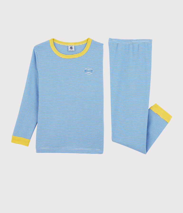 Pijama milrayas de algod&oacute;n org&aacute;nico infantil unisex azul/blanco