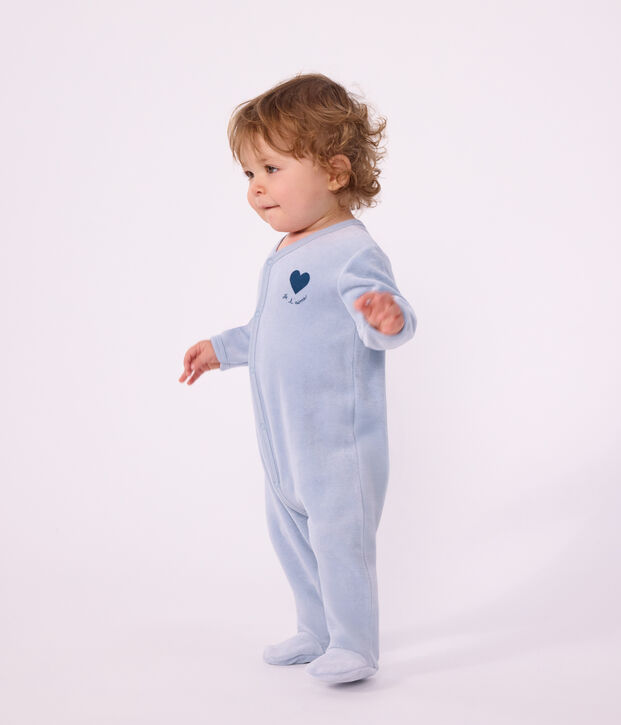 Pijama de terciopelo liso con estampado para beb&eacute; azul