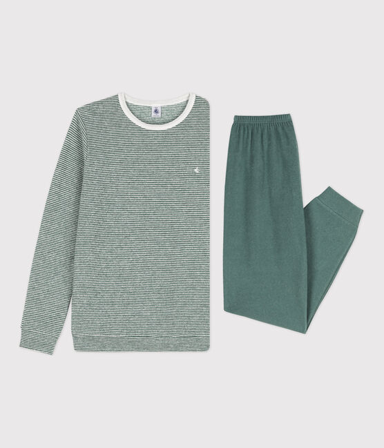 Pijama de algodón milrayas para niño/niña verde VALLEE/blanco MARSHMALLOW